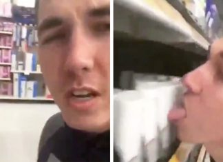 man licks walmart items