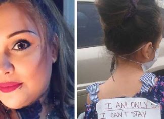 Mom straps sign on daughters