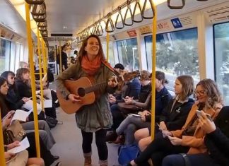 Brave woman inspires train sing along