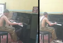homeless man plays the piano