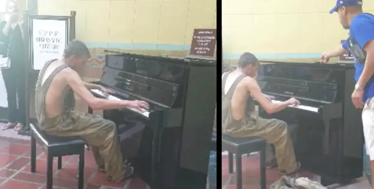 homeless man plays the piano
